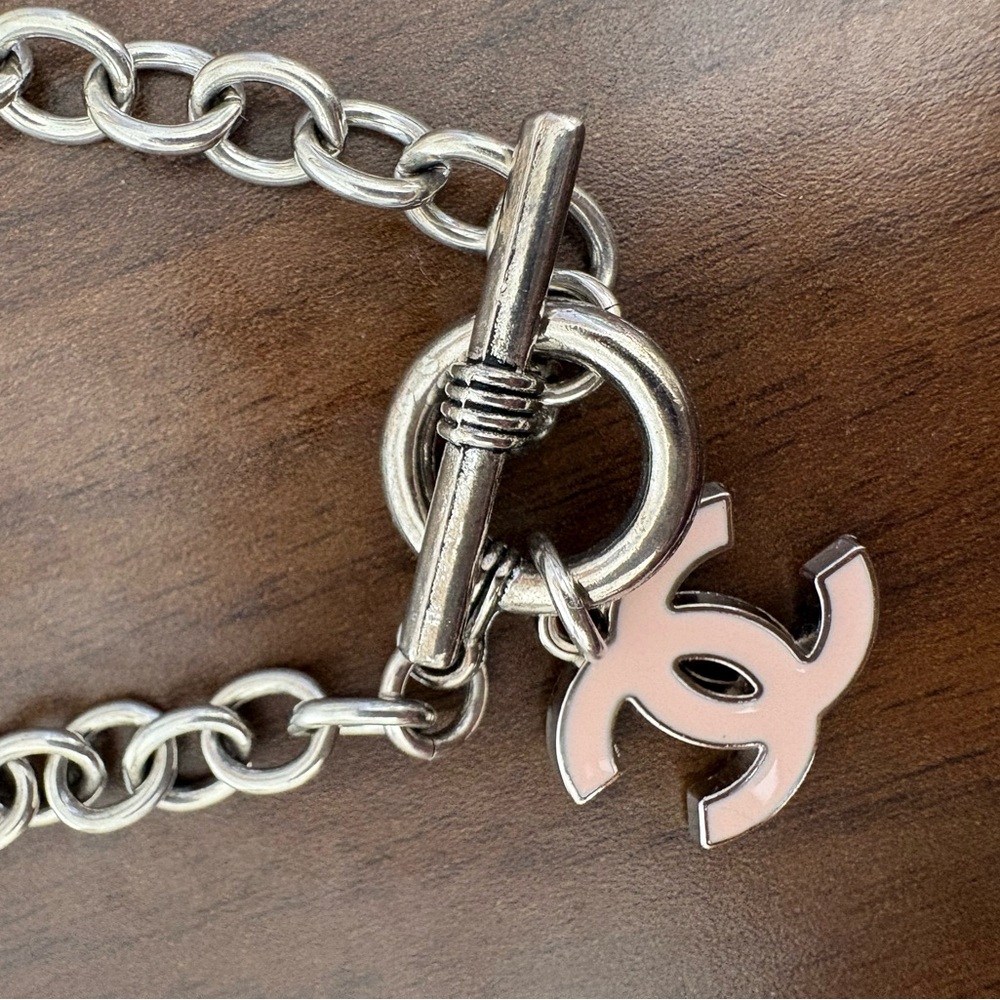 CHANEL Silver Toggle CC Charm Bracelet with Pale Pink Enamel - Picture 4 of 6